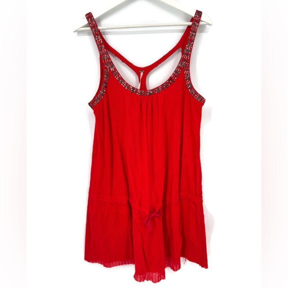 Free People Romper Shorts Beaded Racerback Red Sz‎ 12 NWT